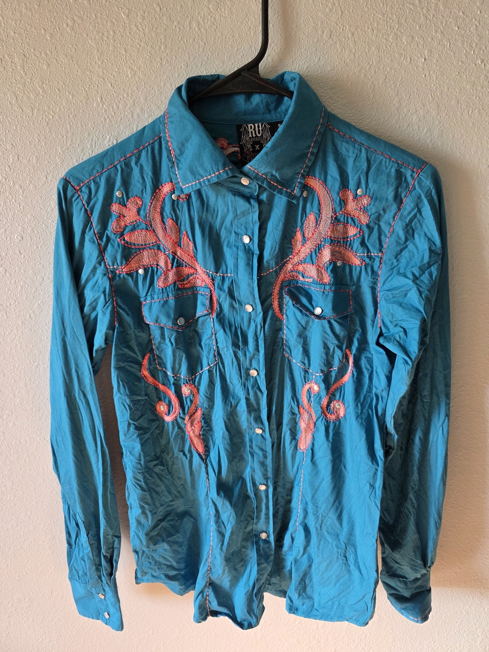 Embroidered Teal Western Button-Down Shirt